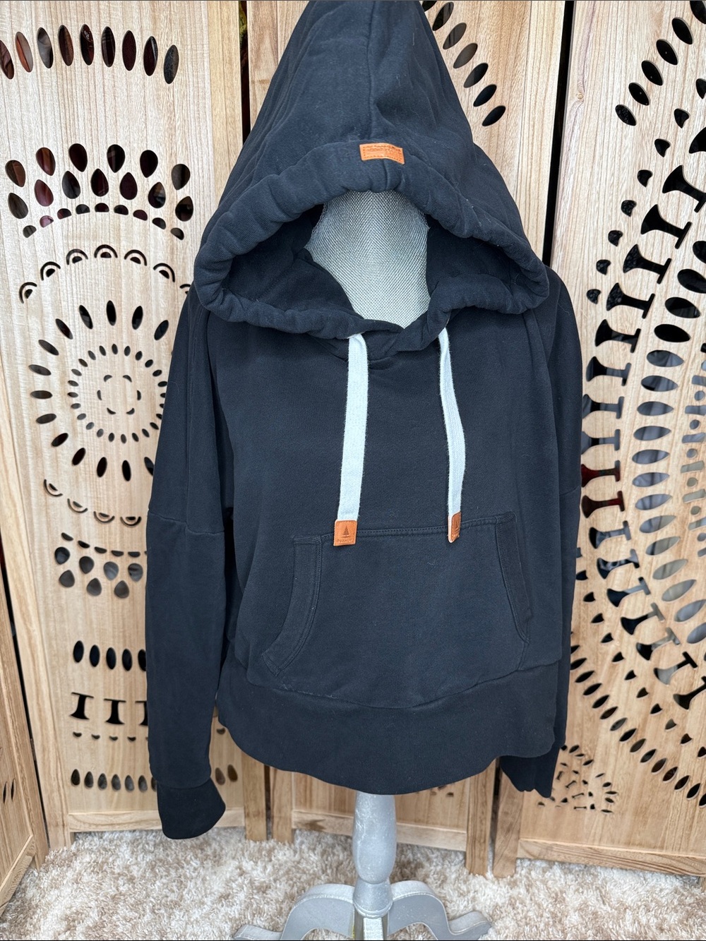 Wanakome Black Pullover Hoodie with White Drawstrings and Brown Accents